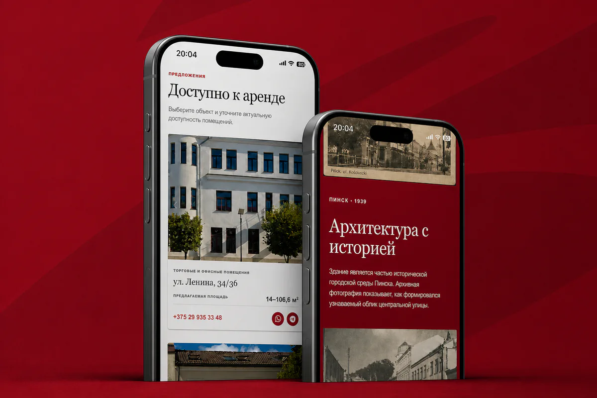 Strona arenda-pinsk.by na dwóch smartfonach